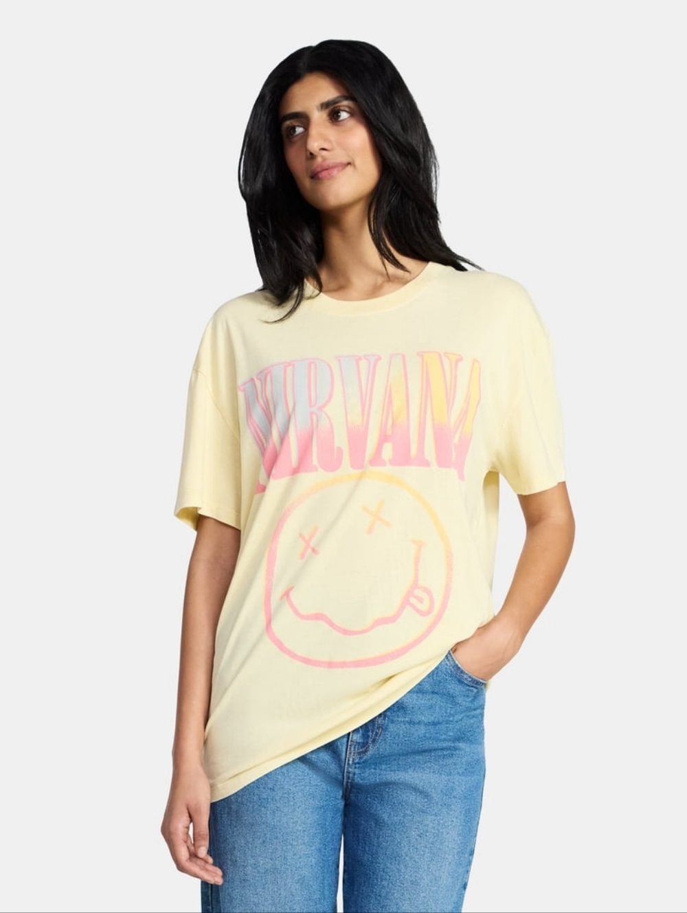 NIRVANA Light Yellow Tee with Pink & Yellow Fade Logo - Picture 5 of 6